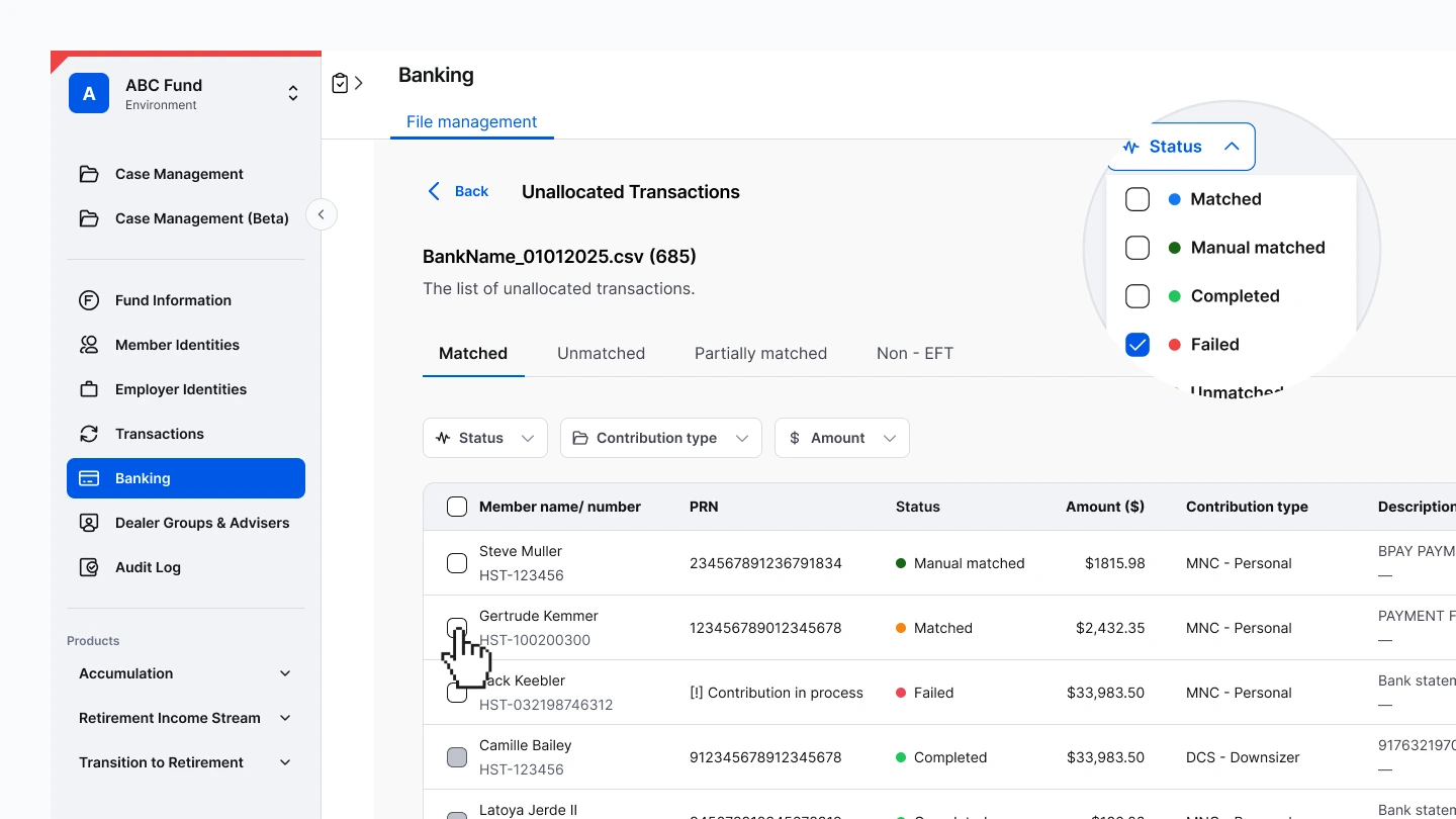 Unallocated transactions interface — tabbed by Matched, Unmatched, Partially Matched, and Non-EFT with status filters and validation controls.