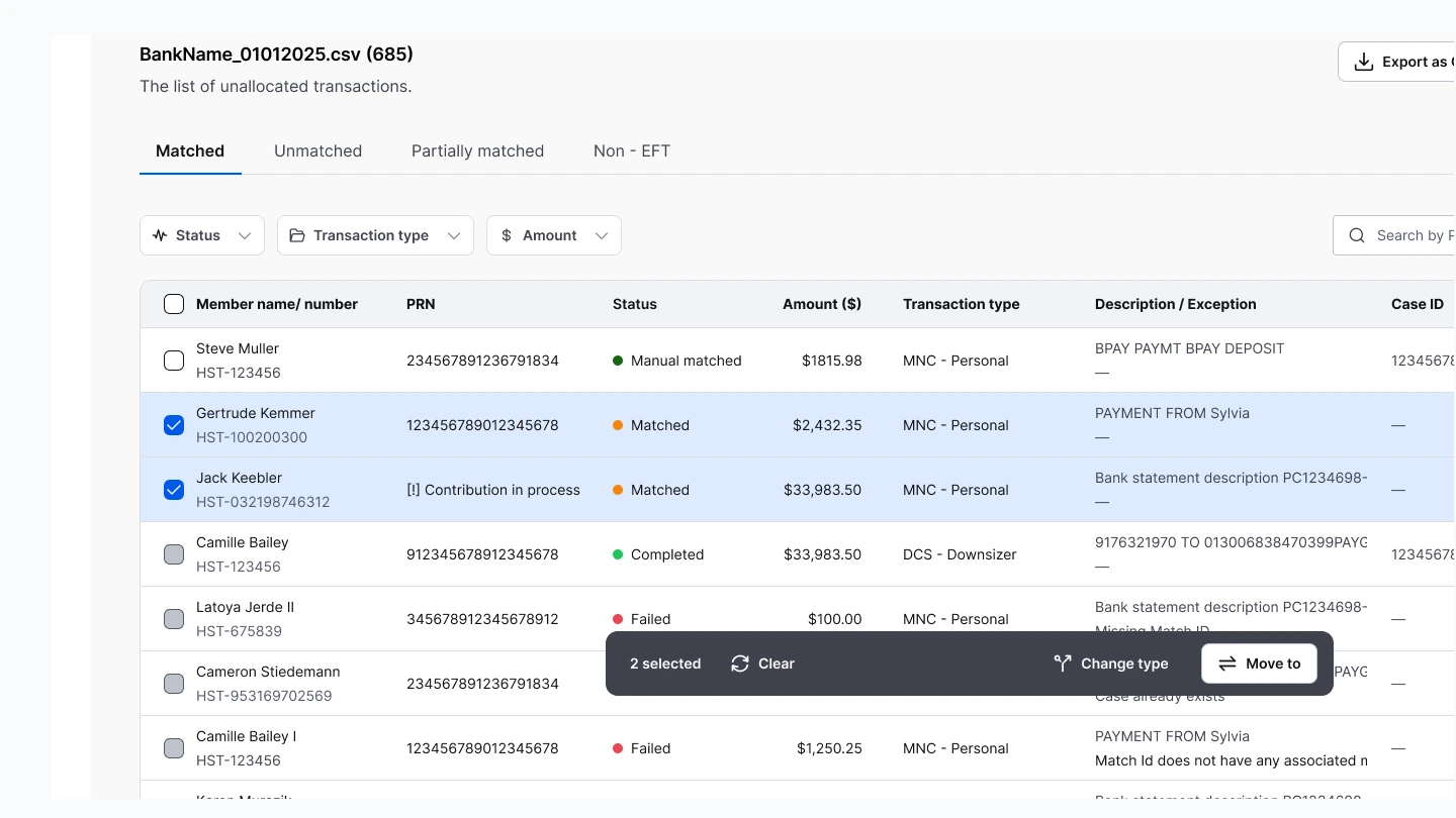 Bulk action controls — multi-select with floating toolbar for batch reclassification, with confirmation states to prevent invalid transitions.