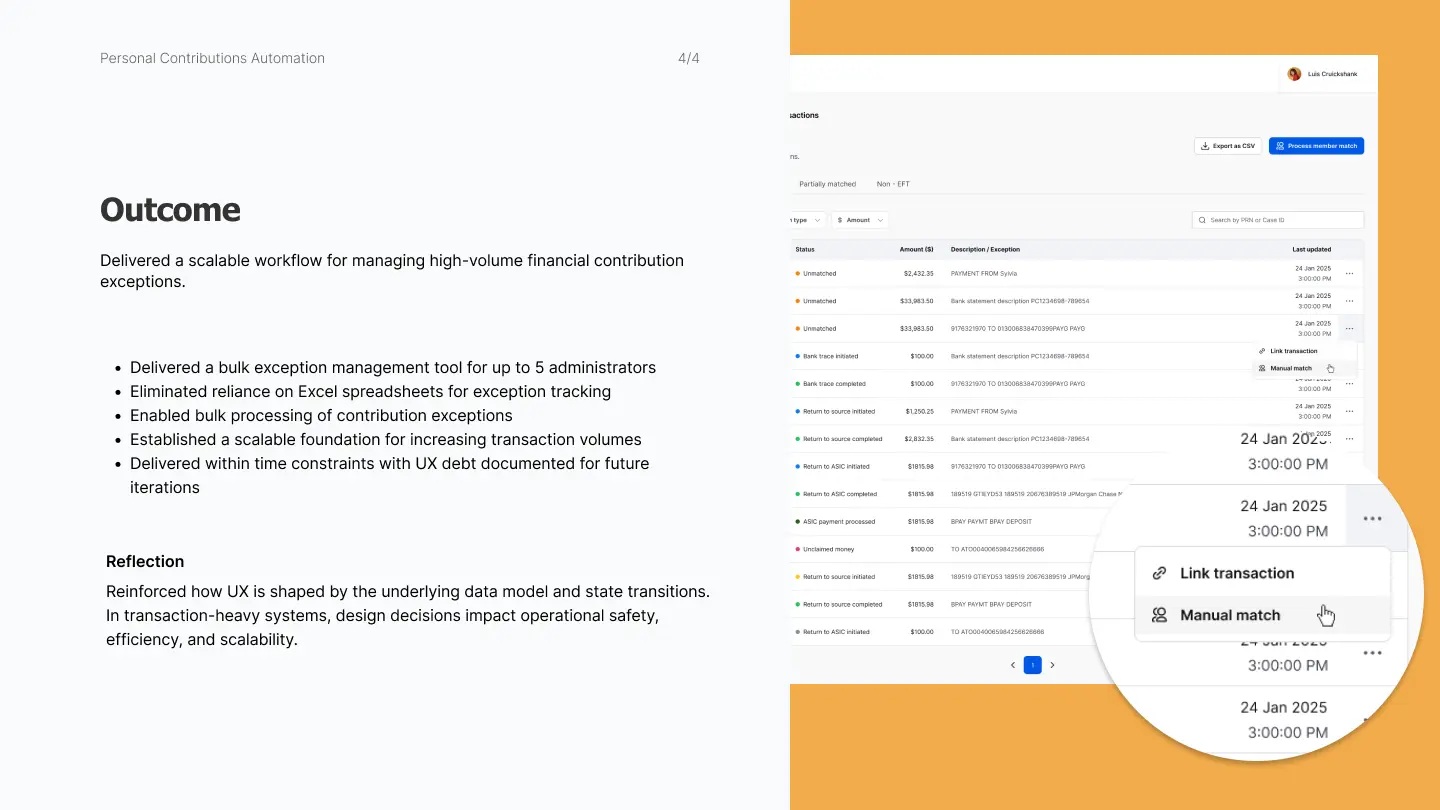 Final interface with contextual actions for individual exception resolution